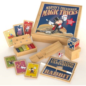 Marvin's Magic Treasured Tricks set with wooden box, magic trick cards, dice, and The Amazing Vanishing Rabbit illusion prop