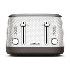 Kenwood Mesmerine 4 Slice Toaster in white with embossed diamond texture, chrome controls, and dark brown base