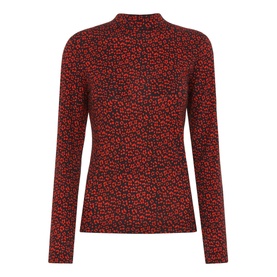 Whistles Ikat Print Essential Top in red and black floral print, long sleeves, fitted with mock neck collar