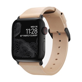 Nomad Modern Slim Strap 40mm/38mm in beige leather with black buckle, fitted to a black Apple Watch showing clock face