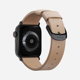 Nomad Modern Slim Strap 40mm/38mm in beige leather with black hardware, shown fitted to a dark Apple Watch case