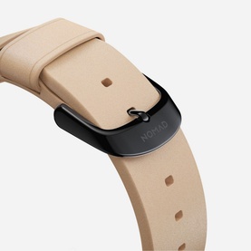 Nomad Modern Slim Strap 40mm/38mm in natural tan leather with matte black buckle clasp, close-up detail view