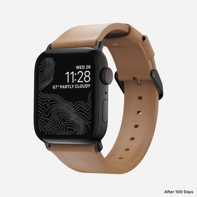 Nomad Modern Slim Strap 40mm/38mm in tan leather with black hardware on Apple Watch, shown after 100 days of wear
