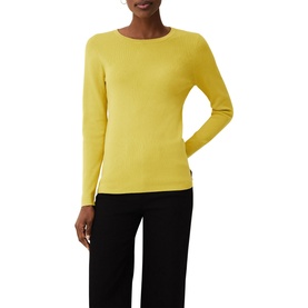 Model wearing Phase Eight Molla Crew Neck Sweater in yellow, styled with black wide-leg trousers