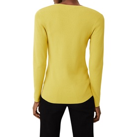 Model wearing Phase Eight Molla Crew Neck Sweater in yellow, ribbed knit, long sleeves, back view, styled with black trousers