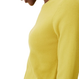 Model wearing Phase Eight Molla Crew Neck Sweater in yellow, close-up detail of ribbed crew neckline and knit texture