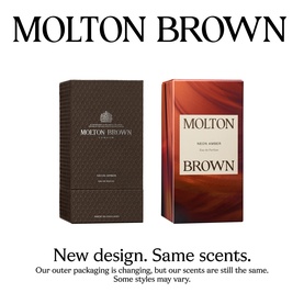 Molton Brown Neon Amber Eau De Parfum shown in old and new packaging designs side by side, highlighting updated outer box design.