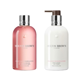 Molton Brown Delicious Rhubarb & Rose Bath & Shower Gel and Body Lotion duo set with silver and wood-tone pump dispensers