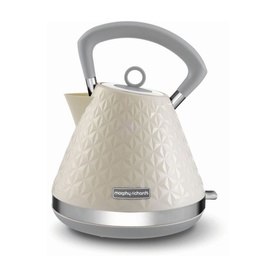 Morphy Richards Vector Trad Kettle in cream with embossed geometric pattern, grey handle and silver base, 1.5L capacity