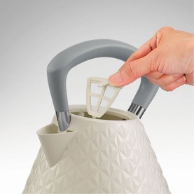 Morphy Richards Vector Trad Kettle Cream 1.5L with removable limescale filter being lifted from the cream textured handle