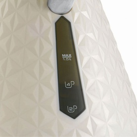 Morphy Richards Vector Trad Kettle Cream 1.5L close-up of water level window showing MAX 1.5L marking on cream geometric textured body