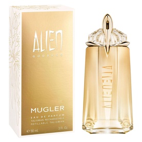 MUGLER Alien Goddess Eau de Parfum 90ml, gold bottle with faceted crystal cap, shown beside matching gold gift box