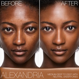 Nars Natural Radiant Longwear Foundation before and after worn on model, shade Alexandria, medium-deep to deep with neutral undertones