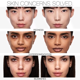 Nars Natural Radiant Longwear Foundation before-and-after campaign showing redness, hyperpigmentation, and blemishes coverage on six models