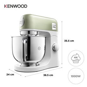 Kenwood stand mixer in sage green and silver with stainless steel bowl, shown with dimensions 38.5x24x35.5cm and 1000W power icons