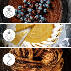 Three baking results showing a berry tart, lemon tart with cream swirls, and cinnamon rolls, alongside KitchenAid mixer attachment icons