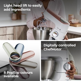 Kenwood Titanium Chef Baker stand mixer lifestyle shot showing light-lift head, ChefMotor dial, and 8 available PopTop bowl colours