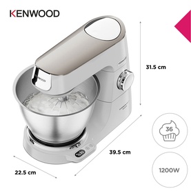 Kenwood Titanium Chef Baker stand mixer in cream, 1200W, 4.5L steel bowl, shown with dimensions 39.5x22.5x31.5cm