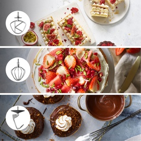 Kenwood Titanium Chef Baker attachments shown with three baked dishes: layered cake, strawberry tart, and chocolate cupcakes