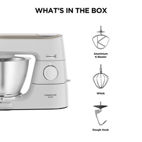 Kenwood Titanium Chef Baker stand mixer in silver with stainless steel bowl, shown with included Aluminium K-Beater, Whisk