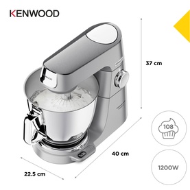 Kenwood Titanium Chef Baker XL Stand Mixer in silver with stainless steel bowl, shown with dimensions: 37cm tall, 40cm wide, 22.5cm deep, 1200W.