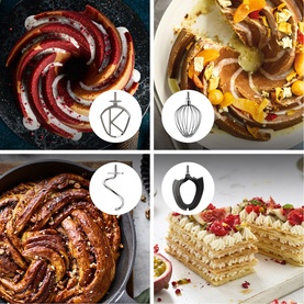 Kenwood Titanium Chef Baker XL Stand Mixer attachments: dough hook, whisk, spiral hook, and beater, shown with baked goods.