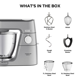 Kenwood Titanium Chef Baker XL Stand Mixer Silver with included accessories: K-Beater, Whisk, Dough Tool, Creaming Beater