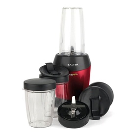 Salter 1200W Nutrient Extractor Blender in red with clear cups, blade attachment, and multiple lids displayed together
