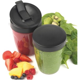 Salter 1200W Nutrient Extractor Blender with two filled portable cups in red and green, surrounded by fresh fruit and spinach leaves