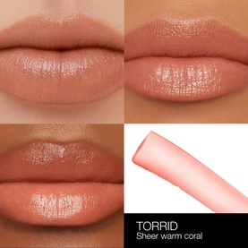 NARS Afterglow Lip Balm in Torrid, sheer warm coral, shown in swatch on three skin tones with product bullet closeup