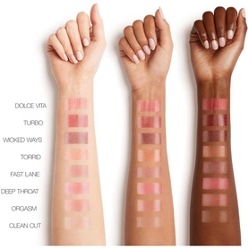 NARS Afterglow Lip Balm shades swatched across three arm skin tones, showing Dolce Vita, Turbo, Wicked Ways, Torrid, Fast Lane, Deep Throat, Orgasm