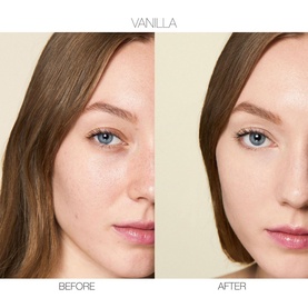 Before and after split showing Nars Radiant Creamy Concealer in Vanilla applied to model's under-eye and complexion area