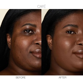 Nars Radiant Creamy Concealer in Caf&eacute; shade shown in before and after split image on deep skin tone, demonstrating coverage and radiant finish.