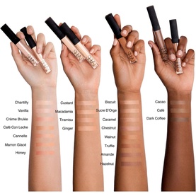 Nars Radiant Creamy Concealer shade range shown on six arms spanning fair to deep skin tones with shade names labelled