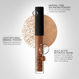 Nars Radiant Creamy Concealer in warm tan shade with infographic highlights on mineral powder, balancing powder, and botanical blend benefits.