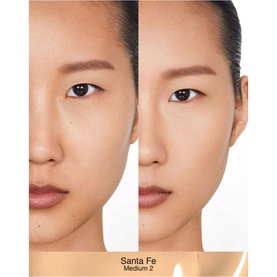 NARS Sheer Glow Foundation before and after split showing shade Santa Fe Medium 2 applied to model's skin