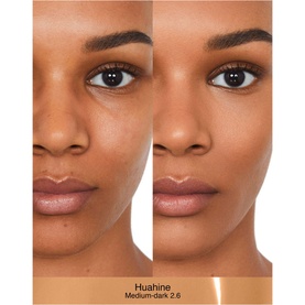 NARS Sheer Glow Foundation in Huahine (Medium-dark 2.6) shown in a before-and-after split, demonstrating coverage on medium-dark skin tone