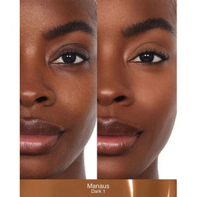 NARS Sheer Glow Foundation in Manaus shown as before-and-after split, demonstrating coverage and luminous finish on deep skin tone