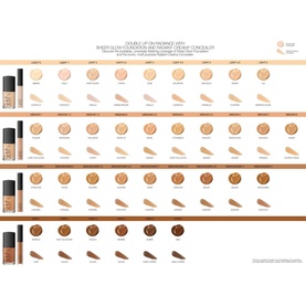NARS Sheer Glow Foundation shade guide showing full range of foundation shades with swatches, Manaus highlighted