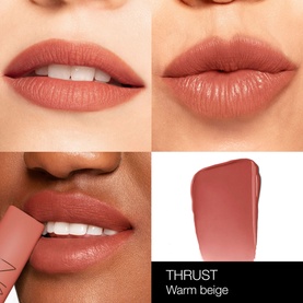 NARS Air Matte Lip Colour in Thrust, warm beige shade shown on three models' lips alongside product swatch and bullet