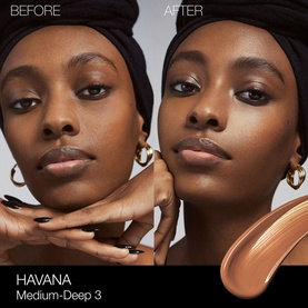 Model with NARS Pure Radiant Tinted Moisturiser SPF 30 in Havana, before and after split showing Medium-Deep 3 coverage result