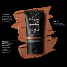 NARS Pure Radiant Tinted Moisturiser SPF 30 in Havana, 50ml tube shown with deep warm-toned swatch and key ingredient callouts