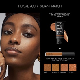 NARS Pure Radiant Tinted Moisturiser SPF 30 in Havana shade guide showing model complexion match and concealer shade recommendations