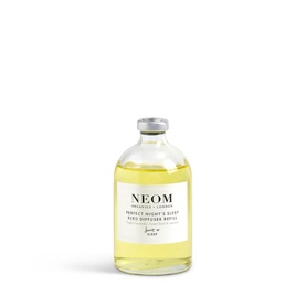 Neom Organics Perfect Night's Sleep Reed Diffuser Refill 100ml, yellow liquid in clear glass bottle with silver cap