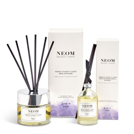 Neom Organics Perfect Night's Sleep Reed Diffuser Refill 100ml in yellow, shown with matching diffuser and packaging set