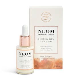Neom Organics Great Day Glow Face Serum 28ml with dropper bottle and box, white with rose gold cap detailing