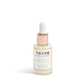 Neom Organics Great Day Glow Face Serum 28ml in white glass dropper bottle with rose gold cap on grey background