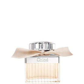 Chlo&eacute; Eau de Parfum 50ml EDP in clear ribbed glass bottle with silver cap and pleated nude satin bow