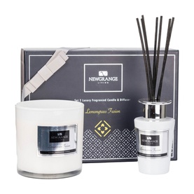 Newgrange Living Lemongrass Fusion Luxury Gift Set with white candle jar, reed diffuser with black reeds, and navy gift box