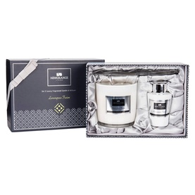 Newgrange Living Lemongrass Fusion Luxury Gift Set featuring large candle and small candle in silver-lined gift box
